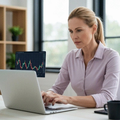 Person studying cryptocurrency charts on a laptop, with a serious but focused expression, clean and modern office background, no text, no words, no typography, 8K