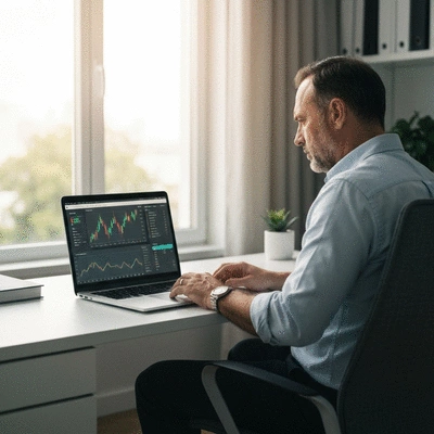 Crypto investor monitoring stablecoin performance on a laptop