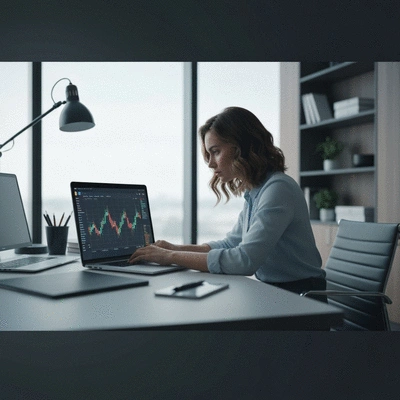 Crypto investor analyzing market charts on a laptop with a focused expression