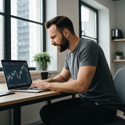 Person using a laptop to analyze crypto charts, showing focus and determination