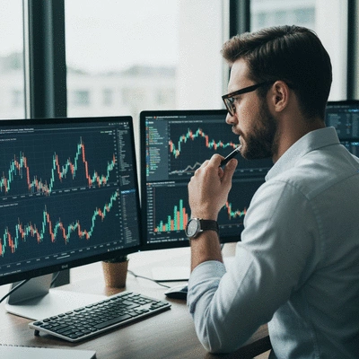 Person analyzing cryptocurrency charts on multiple screens, showing trading insights