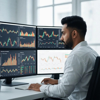 Financial analyst reviewing cryptocurrency data on multiple screens, showing charts and graphs, representing informed decision-making, no text, no words, no typography, clean image.