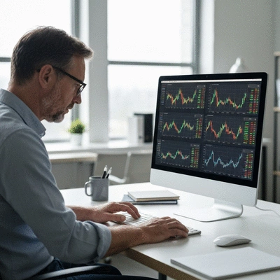 Person analyzing cryptocurrency charts on a computer screen, showing financial data and trends