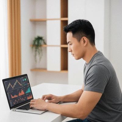 Person analyzing crypto charts on a laptop, representing investment strategy