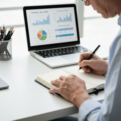 A person writing notes in a planner or notebook, with a laptop open in the background showing financial charts, symbolizing planning and strategy, no text, no words, no typography, clean image