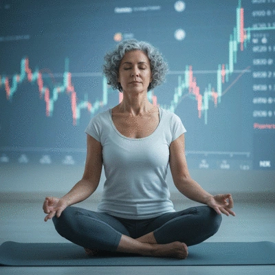 Person meditating with cryptocurrency charts in the background, symbolizing calm and focused investing
