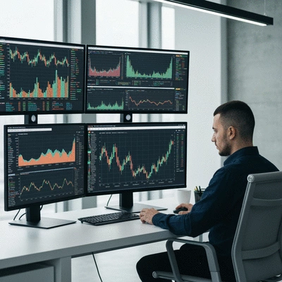Person analyzing cryptocurrency data on multiple screens, showing various charts and graphs, clean modern office setting, no text, no words, no typography, clean image