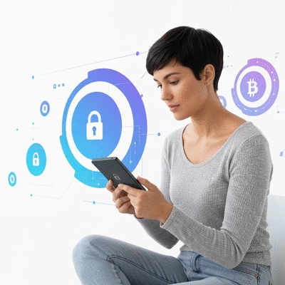 Person using a hardware wallet to secure cryptocurrency, with digital elements representing security