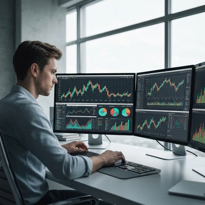 Person studying cryptocurrency market trends on multiple screens