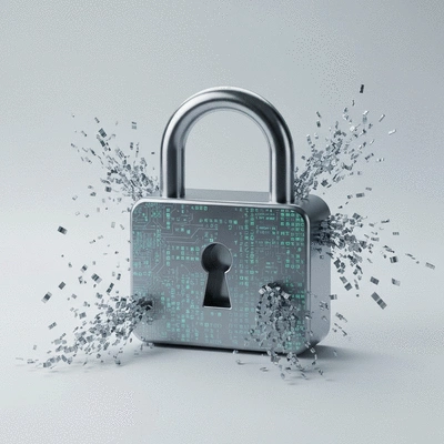 Abstract representation of a network breach with data flowing out of a digital lock, symbolizing an exchange hack, no text, no words, no typography, clean image