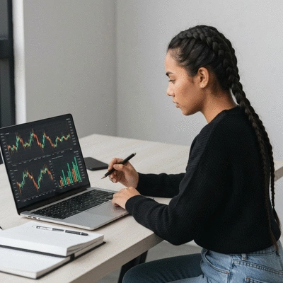 Person analyzing cryptocurrency charts on a computer, showing focus and informed decision-making